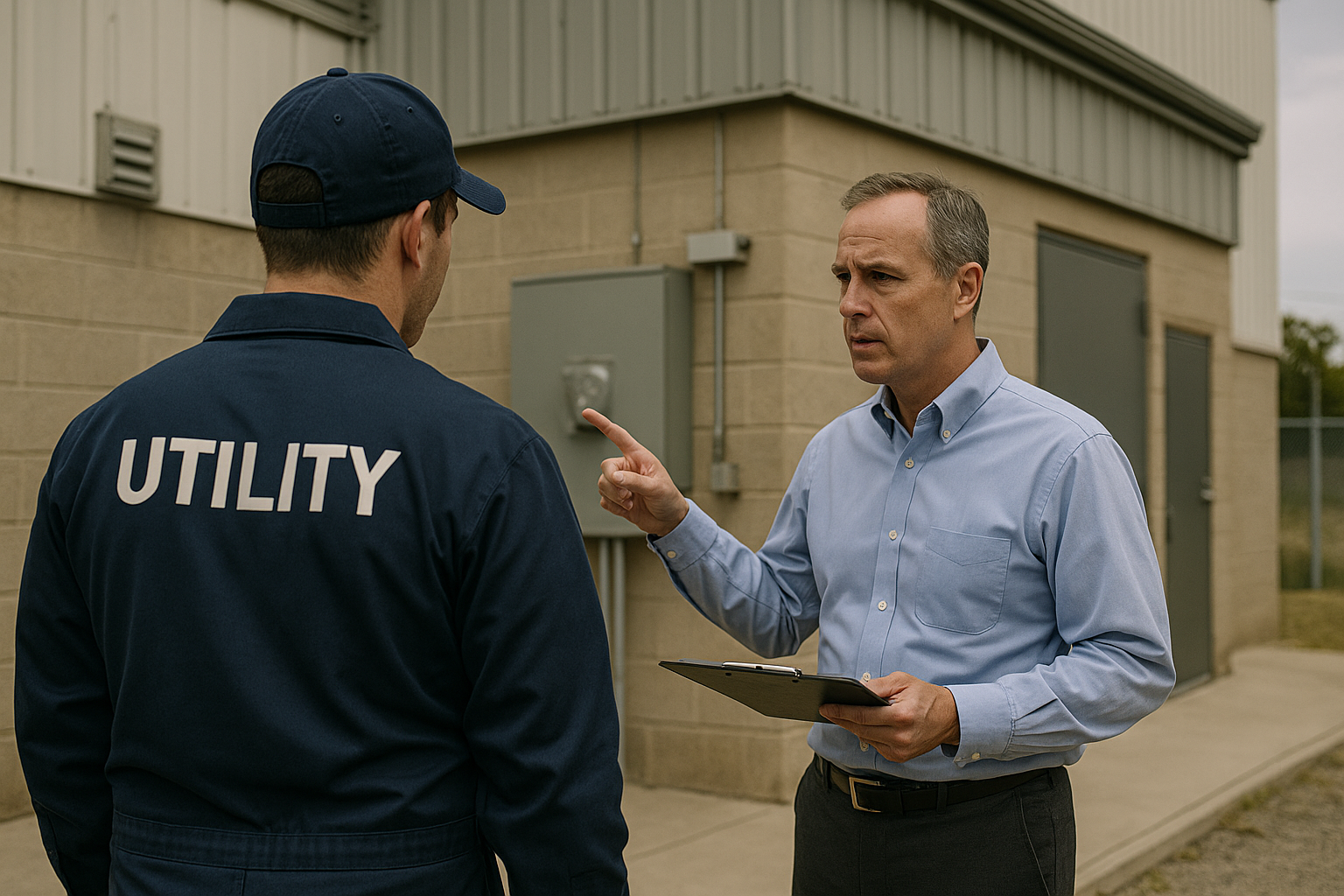 Utility worker talking with facility manager about the utility or the facility causing power issues