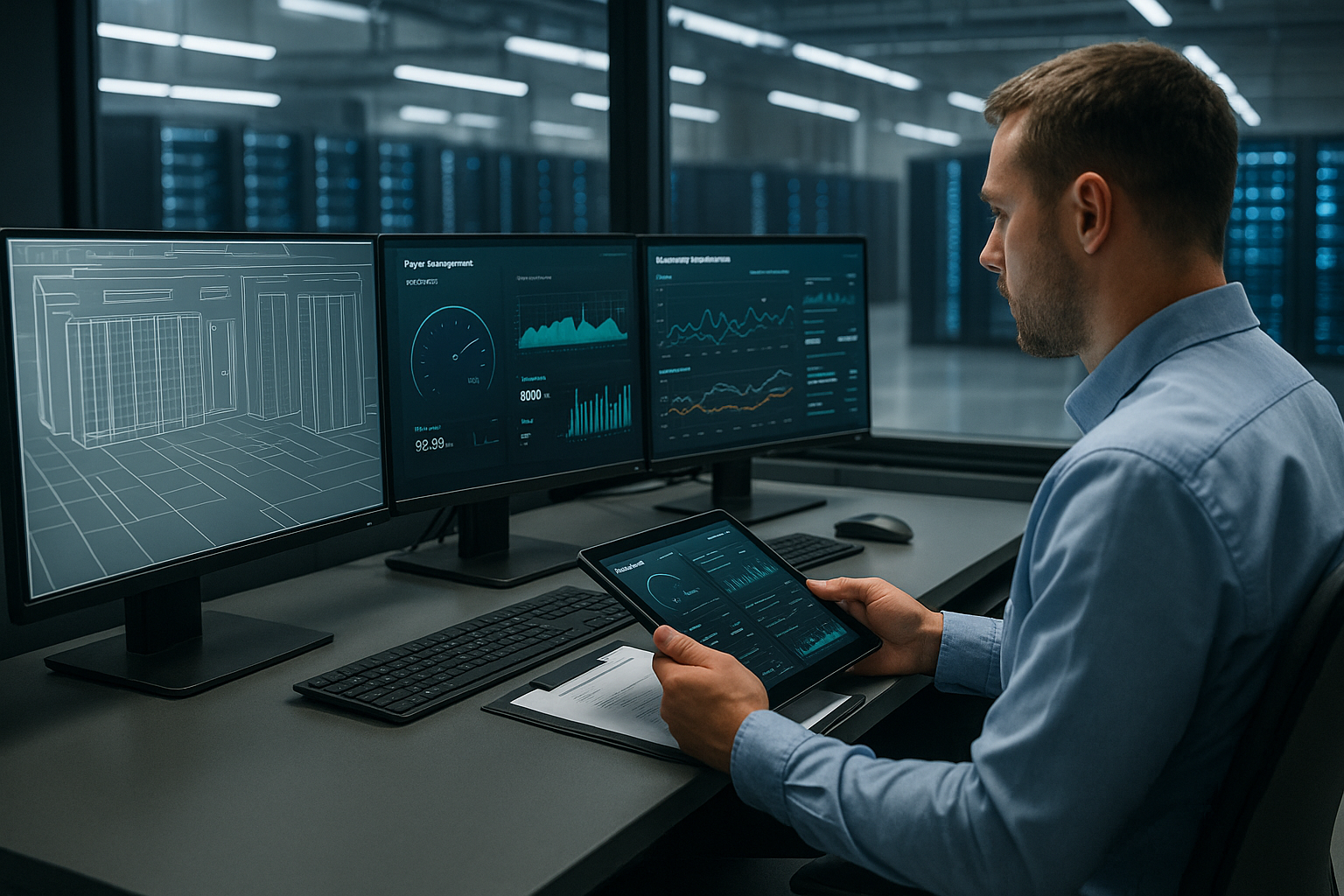 Control room with data center monitoring system and predictive maintenance tools